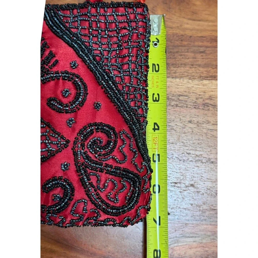 Vintage 90s Red Satin Hand Beaded Mini Handle Bag Crossbody Art Deco Elegant